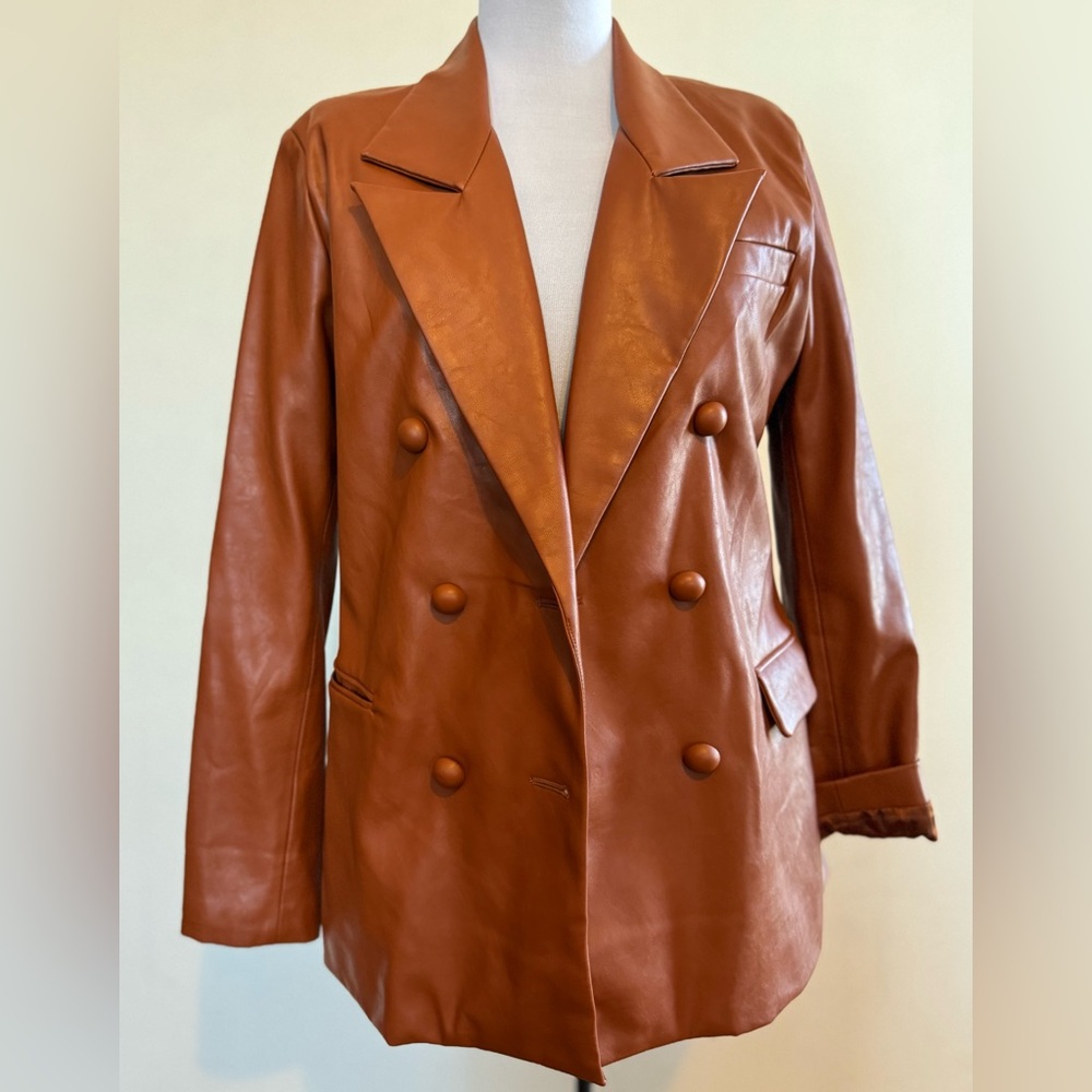 BLANKNYC Faux Leather Double-Breasted Blazer – Rich Mocha